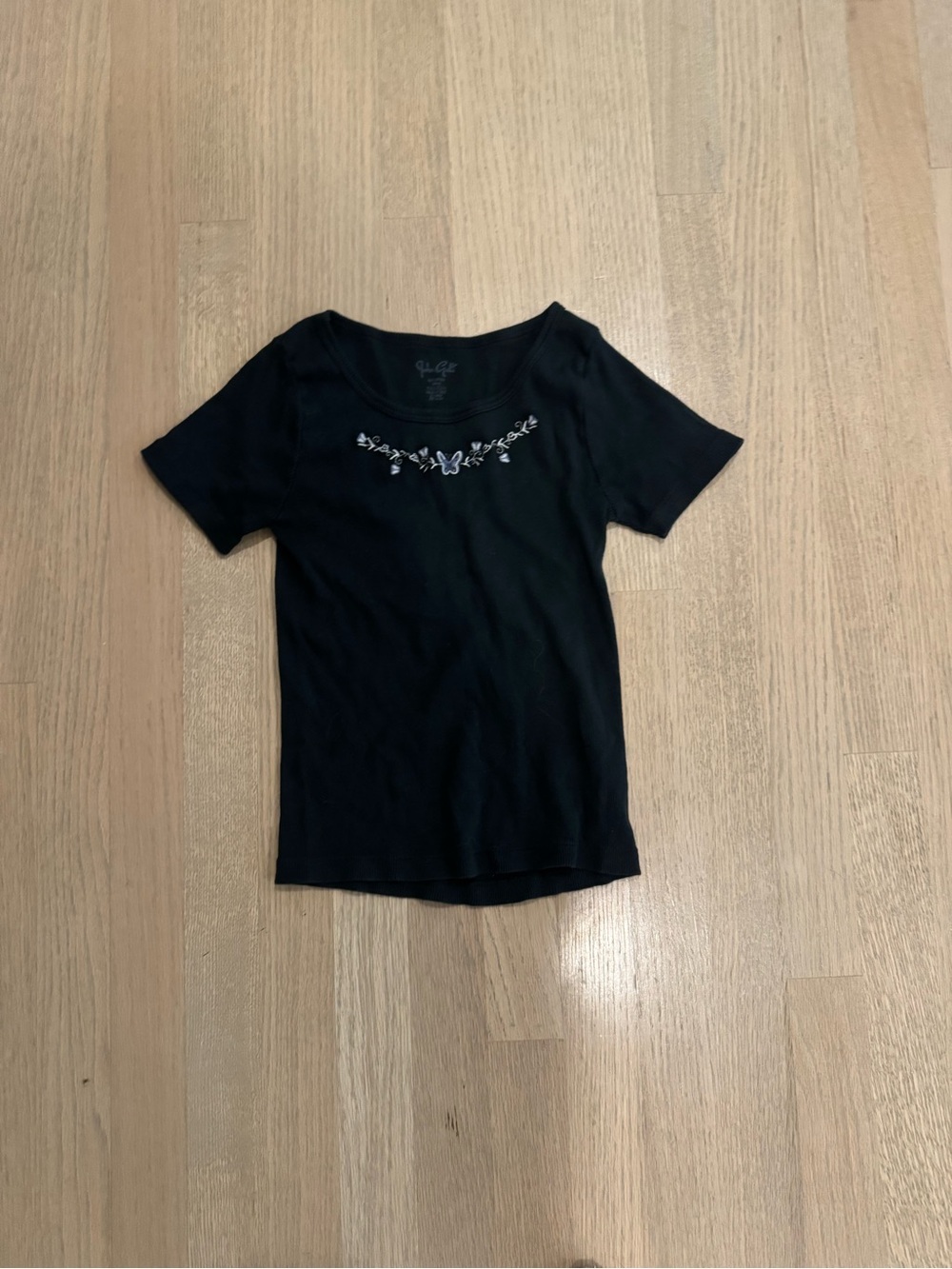 Black Scoop Tee with Delicate Floral Embroidery